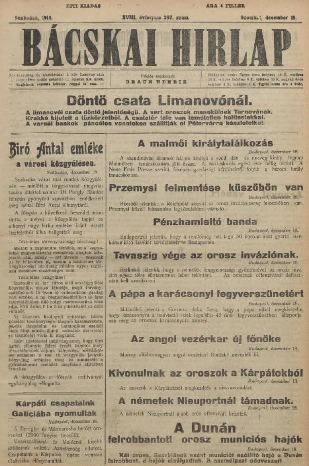Bácskai Hirlap, 18. évf. 1914. december 19. 357. sz.