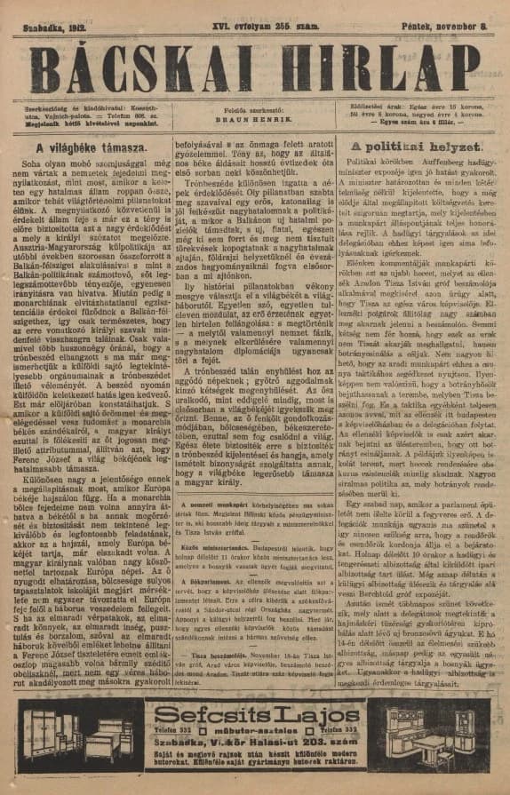 Bácskai Hirlap, 16. évf. 1912. november 8. 255. sz.