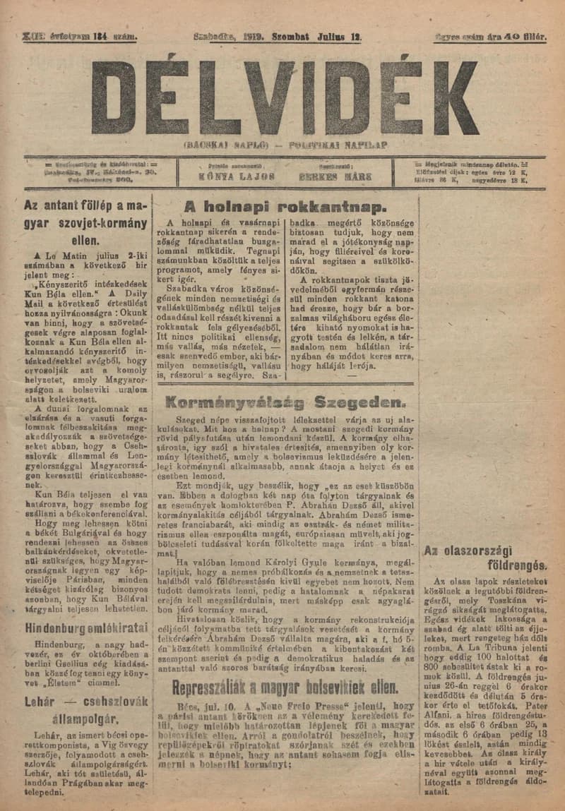 Délvidék, 13. évf. 1919. július 12. 134. sz.
