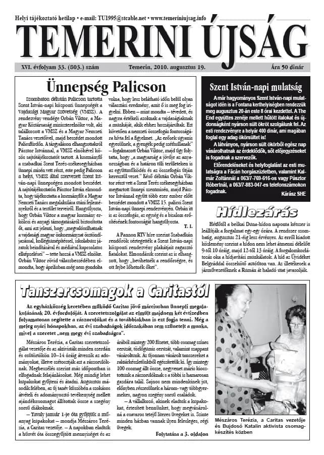 Temerini Újság, 16. évf. 2010. augusztus 19. 33. sz.