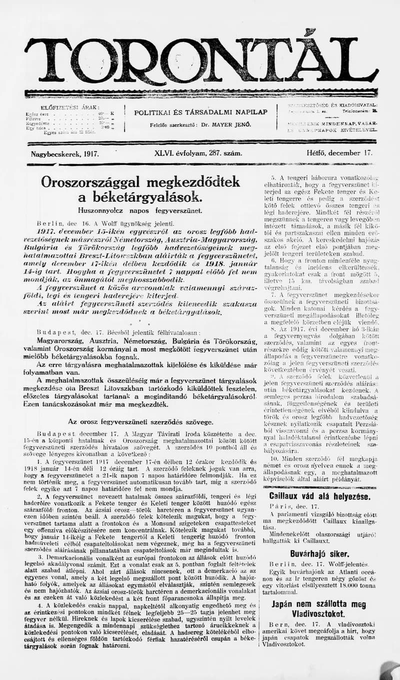Torontál, 46. évf. 1917. december 17. 287. sz.