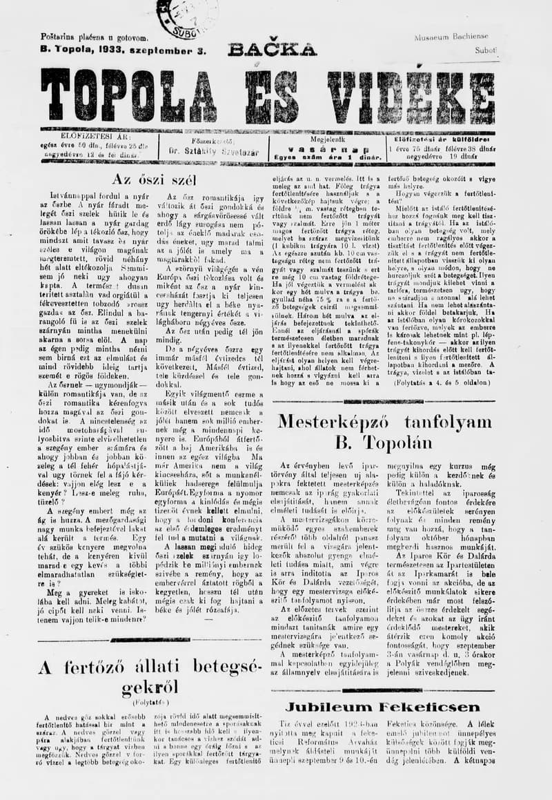 Bačka Topola és Vidéke, 10. évf. 1933. szeptember 3. 36. sz.
