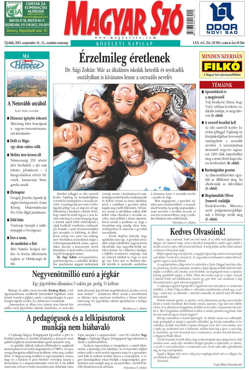 Magyar Szó, 70. évf. 2013. szeptember 14. – 15. 214. sz. 1–44. oldal
