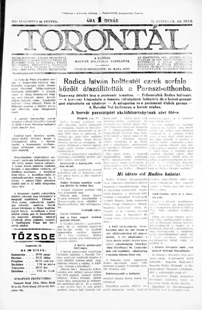 Torontál, 57. évf. 1928. augusztus 10. 184. sz.