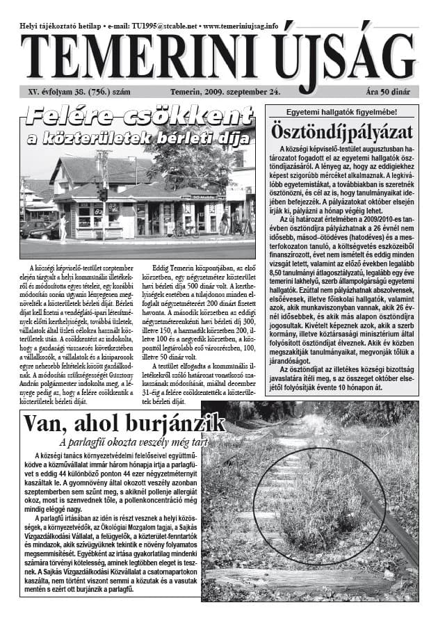 Temerini Újság, 15. évf. 2009. szeptember 24. 38. sz.