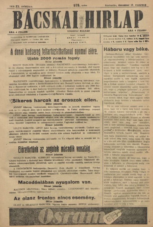 Bácskai Hirlap, 20. évf. 1916. december 17. 578. sz.