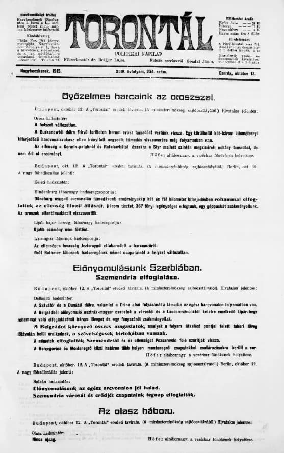 Torontál, 44. évf. 1915. október 13. 234. sz.