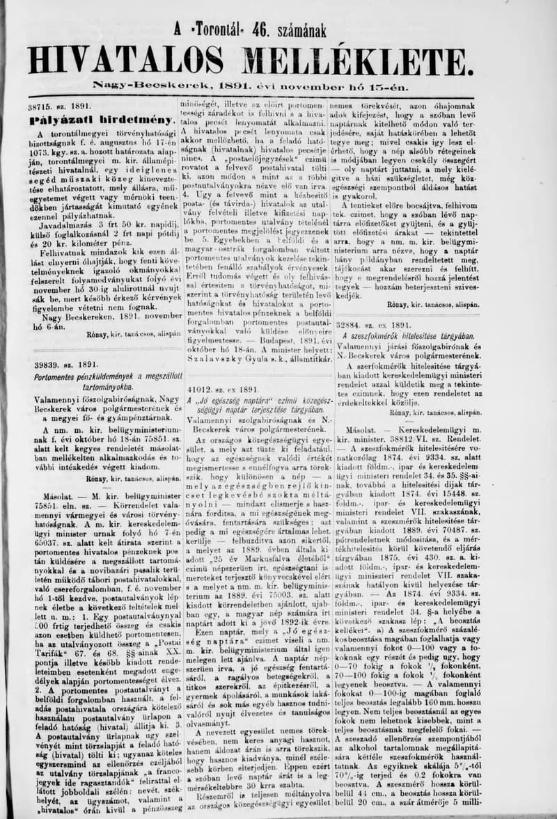 A Totontál  hivatalos melléklete, 4. évf. 1891. november 15. 46. sz.