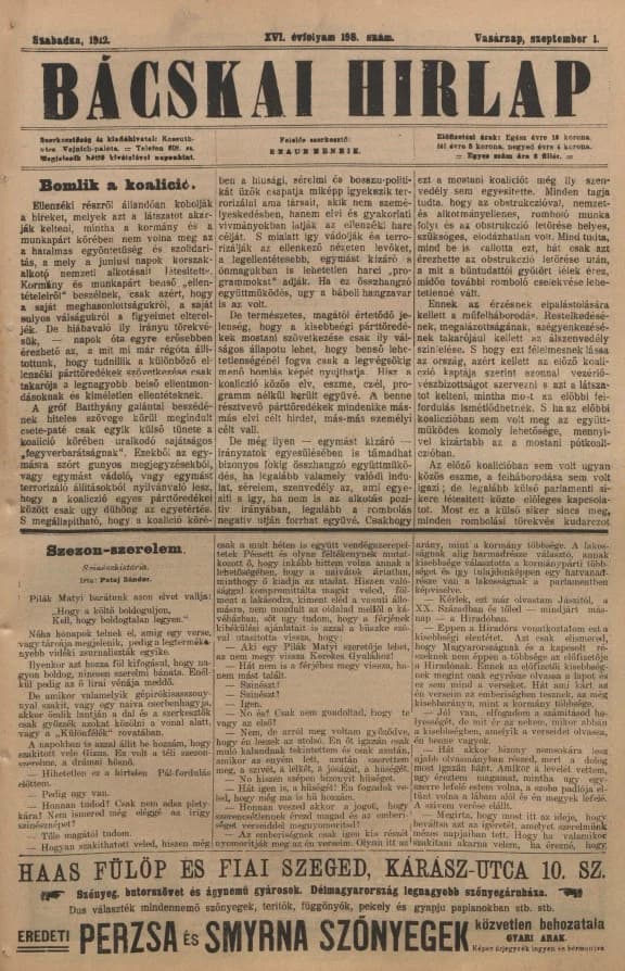 Bácskai Hirlap, 16. évf. 1912. szeptember 1. 198. sz.