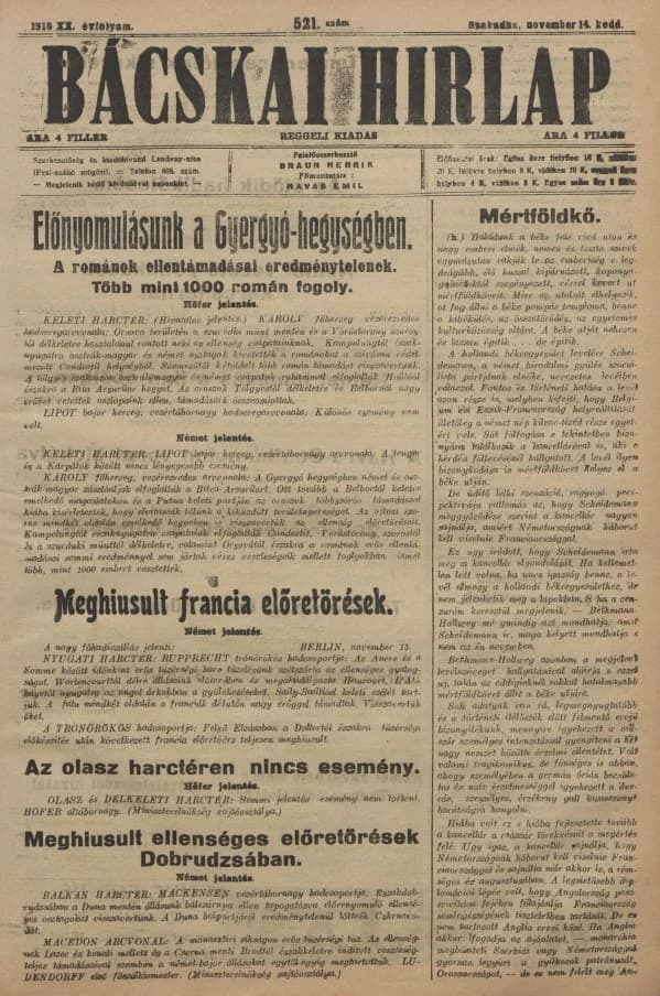 Bácskai Hirlap, 20. évf. 1916. november 14. 521. sz.