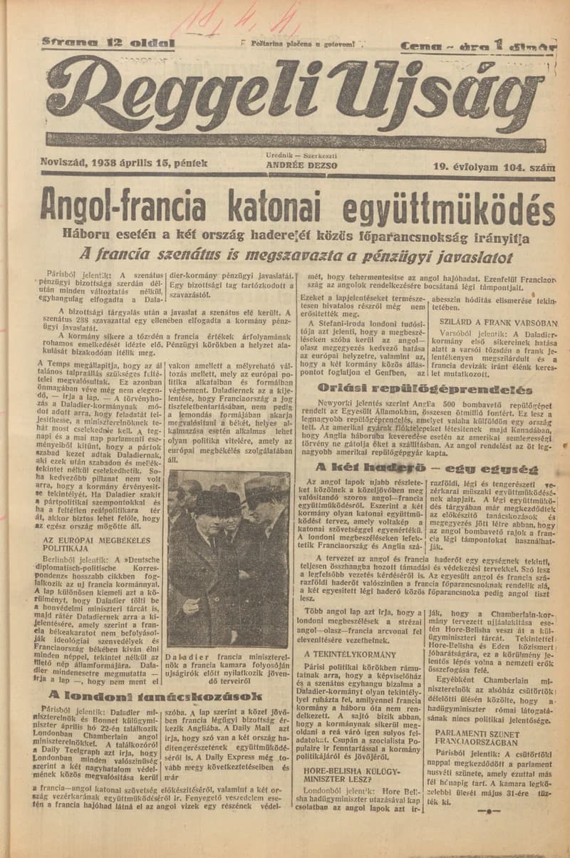 Reggeli Újság, 19. évf. 1938. április 15. 104. sz.
