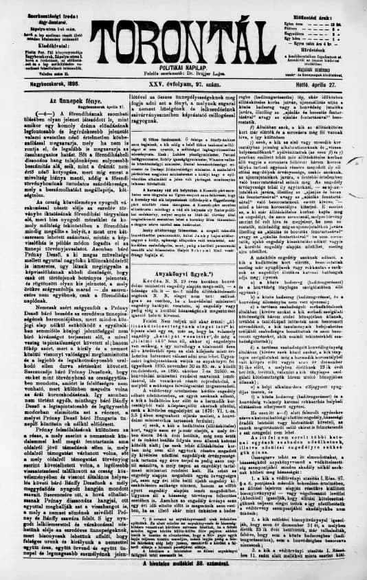 Torontál, 25. évf. 1896. április 27. 97. sz.