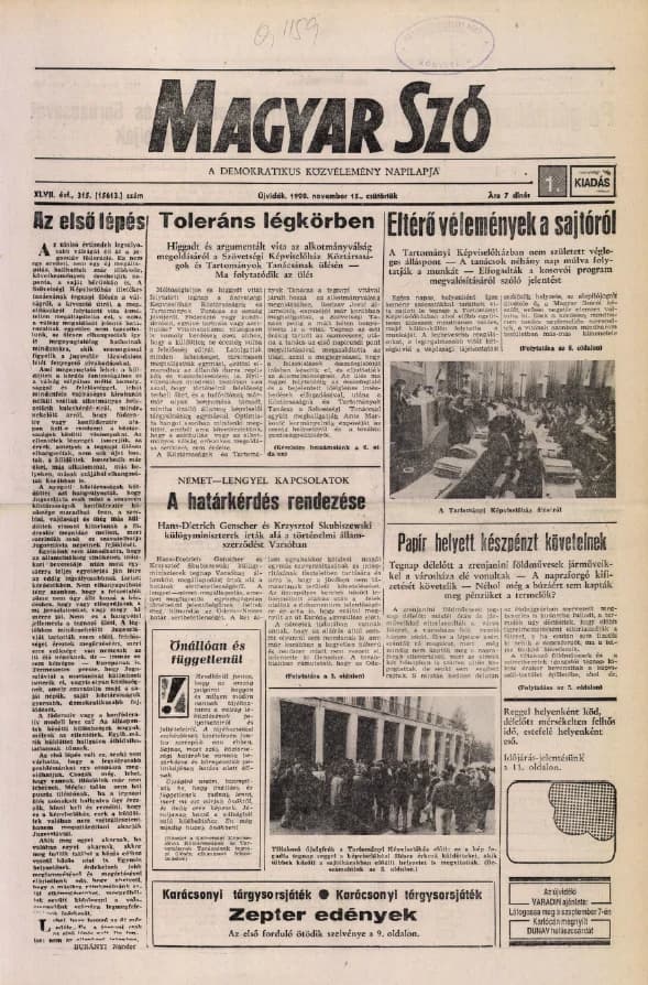 Magyar Szó, 47. évf. 1990. november 15. 315. sz. 1–16. oldal