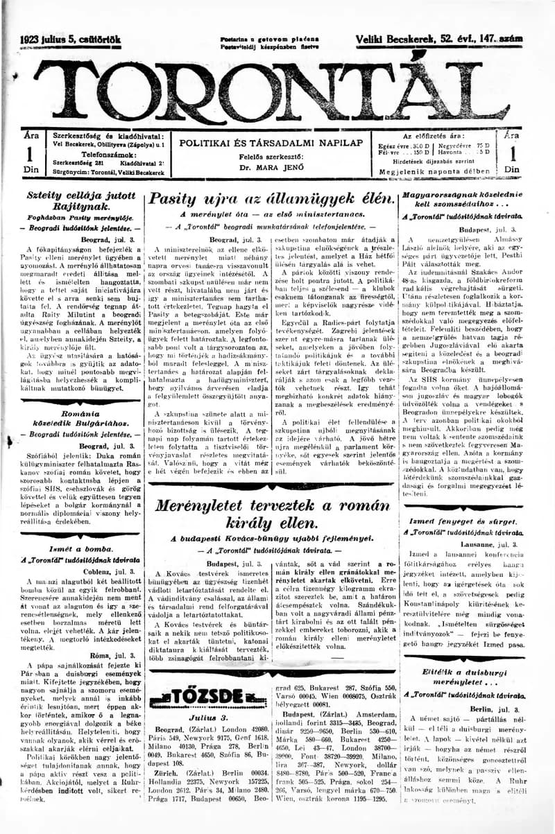 Torontál, 52. évf. 1923. július 5. 147. sz.