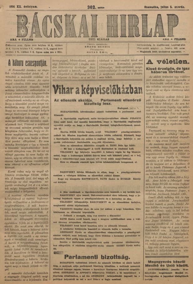 Bácskai Hirlap, 20. évf. 1916. július 5. 302. sz.