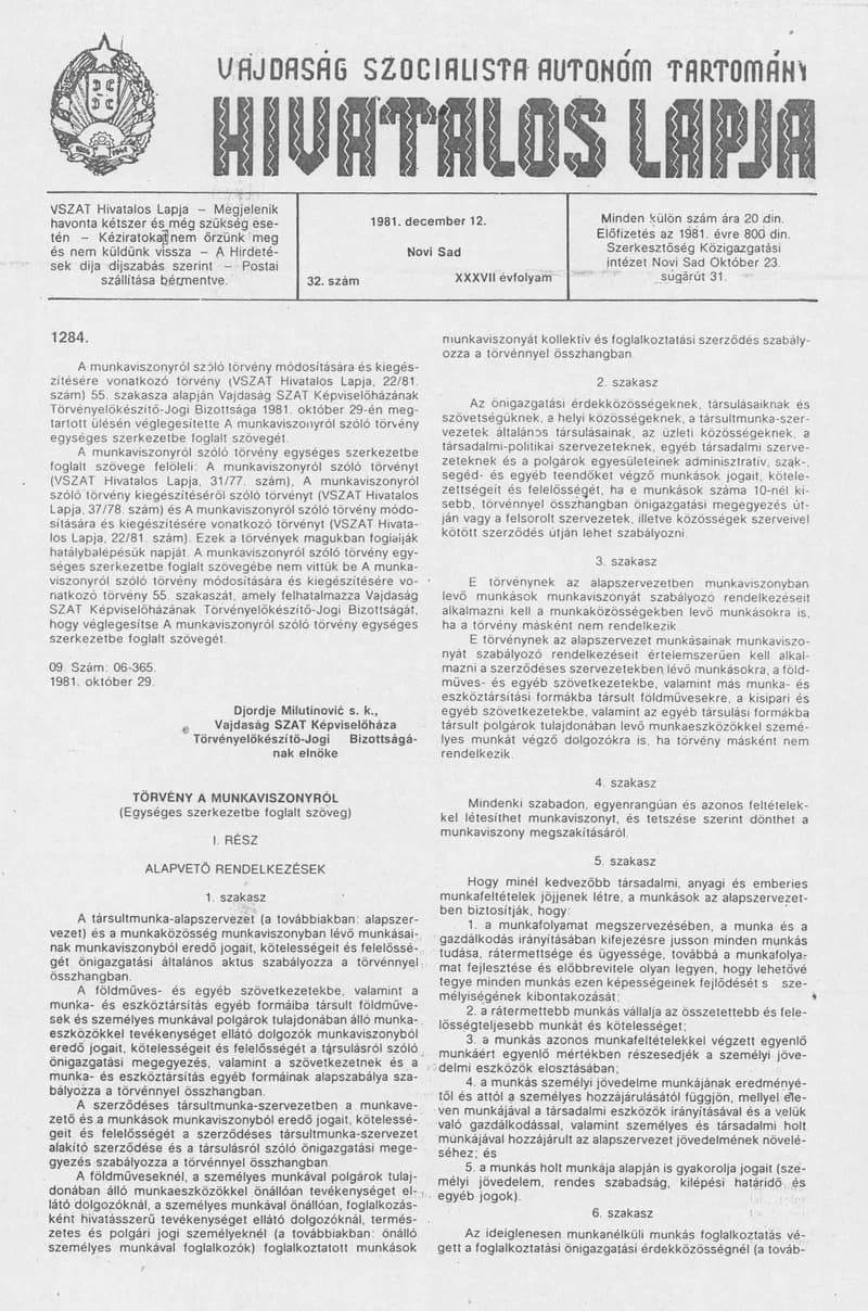 Vajdaság Szocialista Autonóm Tartomány Hivatalos Lapja, 37. évf. 1981. december 12. 32. sz.