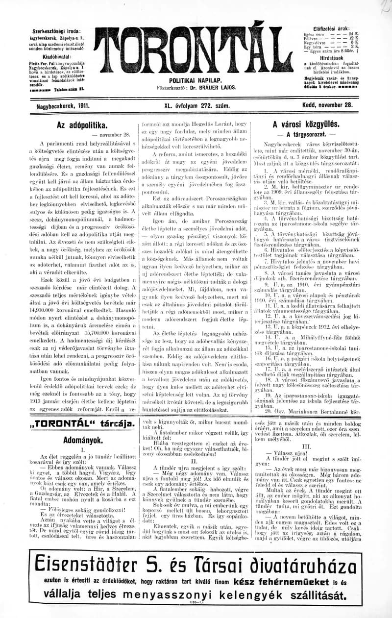 Torontál, 40. évf. 1911. november 28. 272. sz.