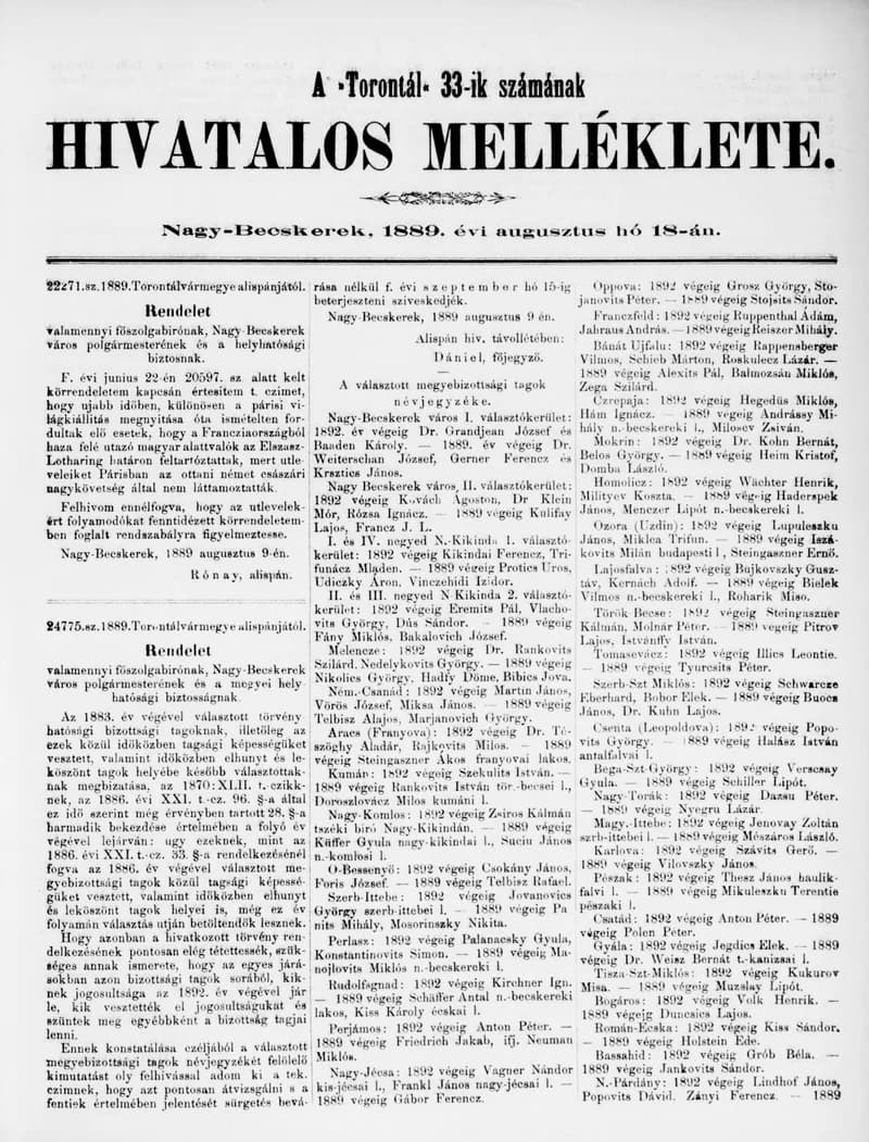 A Totontál  hivatalos melléklete, 2. évf. 1889. augusztus 18. 33. sz.