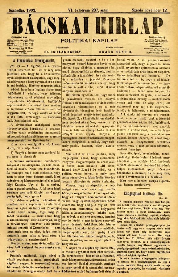Bácskai Hirlap, 6. évf. 1902. november 12. 237. sz.