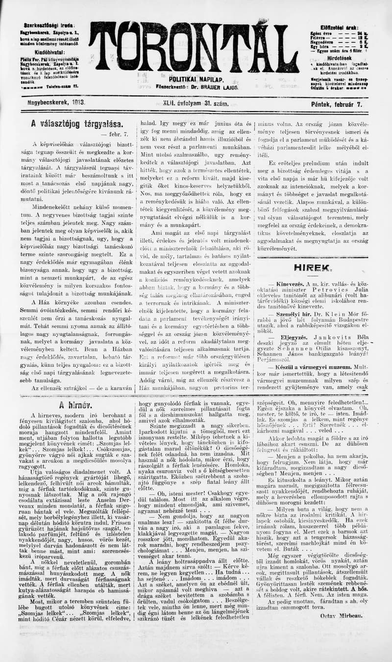 Torontál, 42. évf. 1913. február 7. 31. sz.