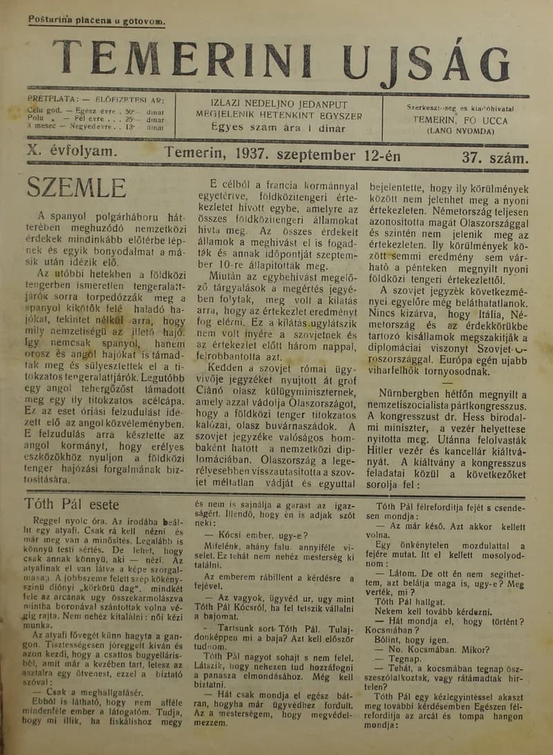 Temerini Újság 1928-1944, 10. évf. 1937. szeptember 12. 37. sz.