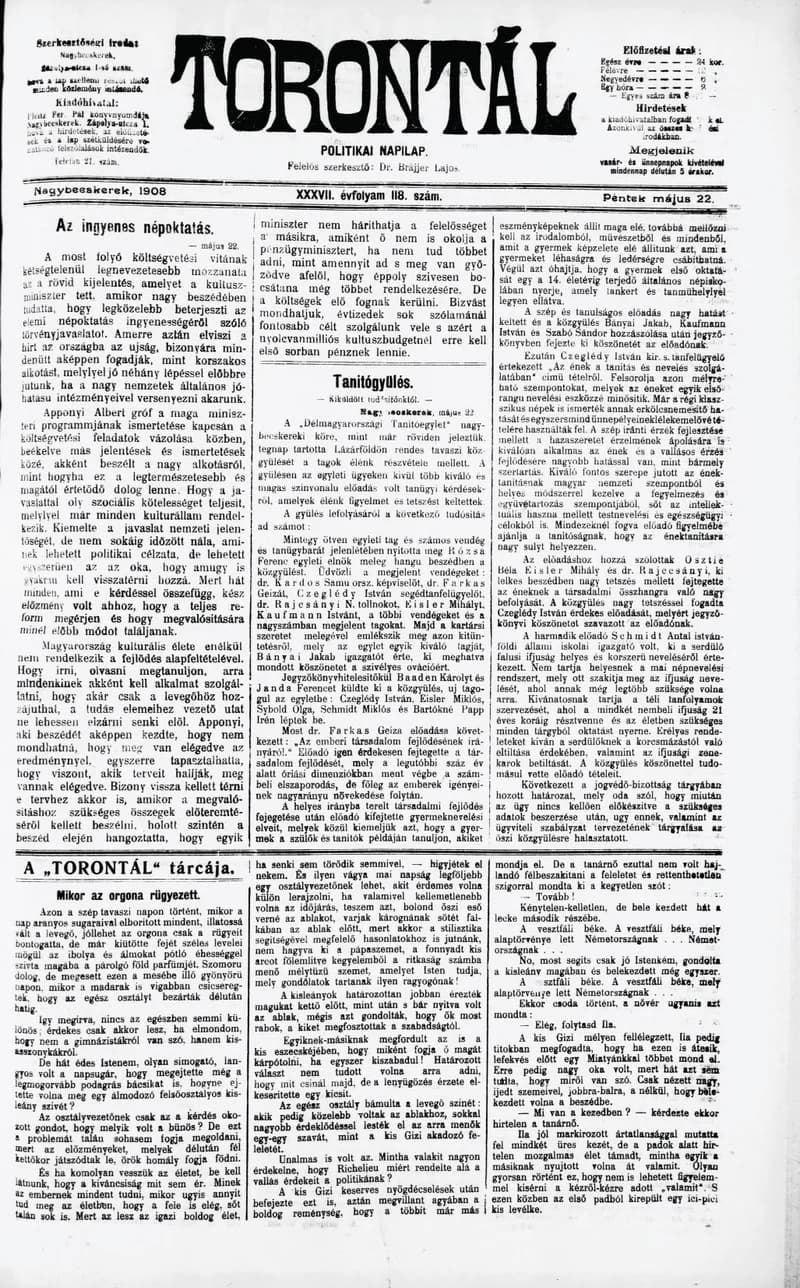 Torontál, 37. évf. 1908. május 22. 118. sz.