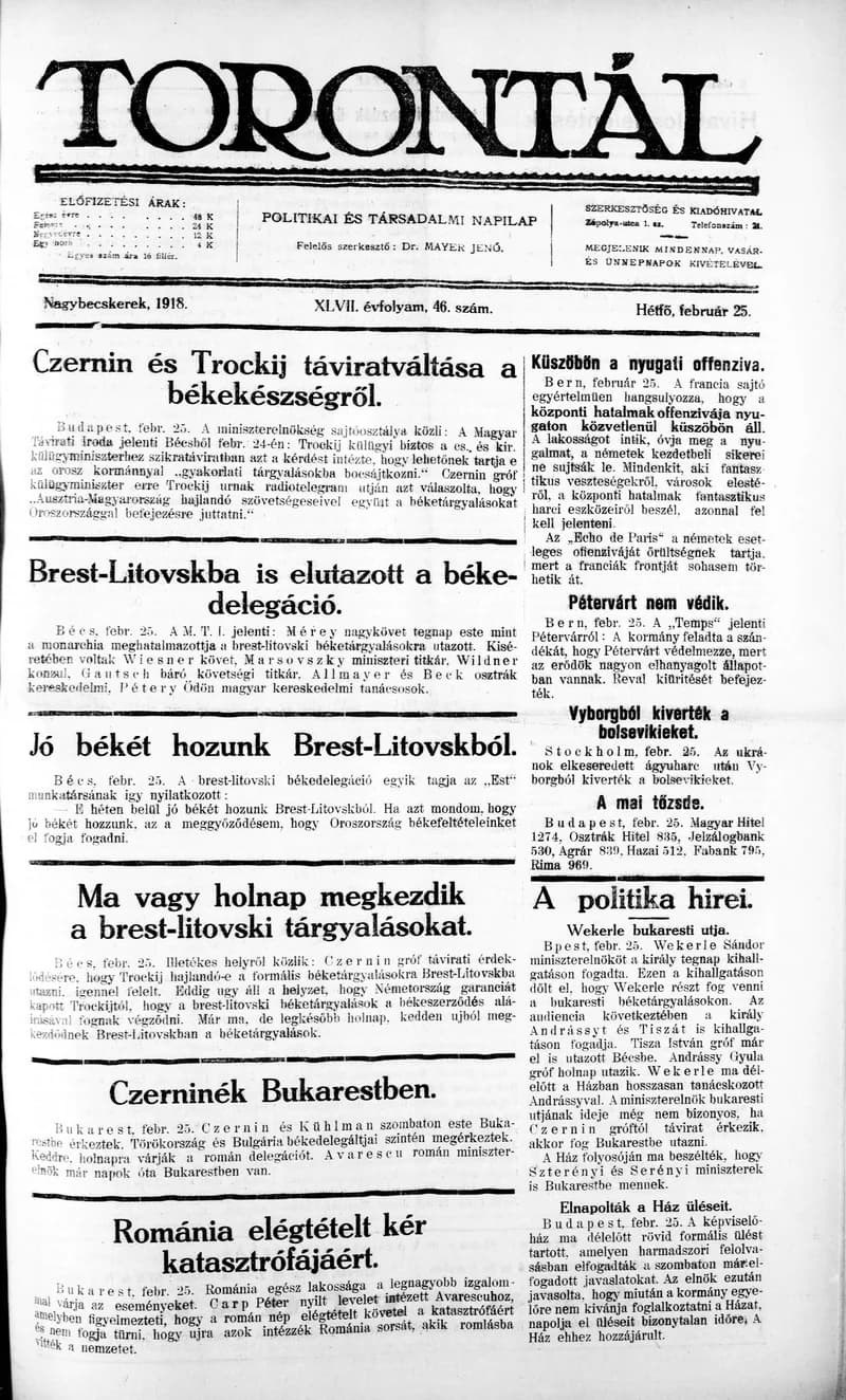 Torontál, 47. évf. 1918. február 25. 46. sz.