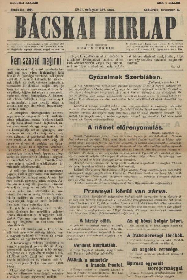 Bácskai Hirlap, 18. évf. 1914. november 12. 294. sz.