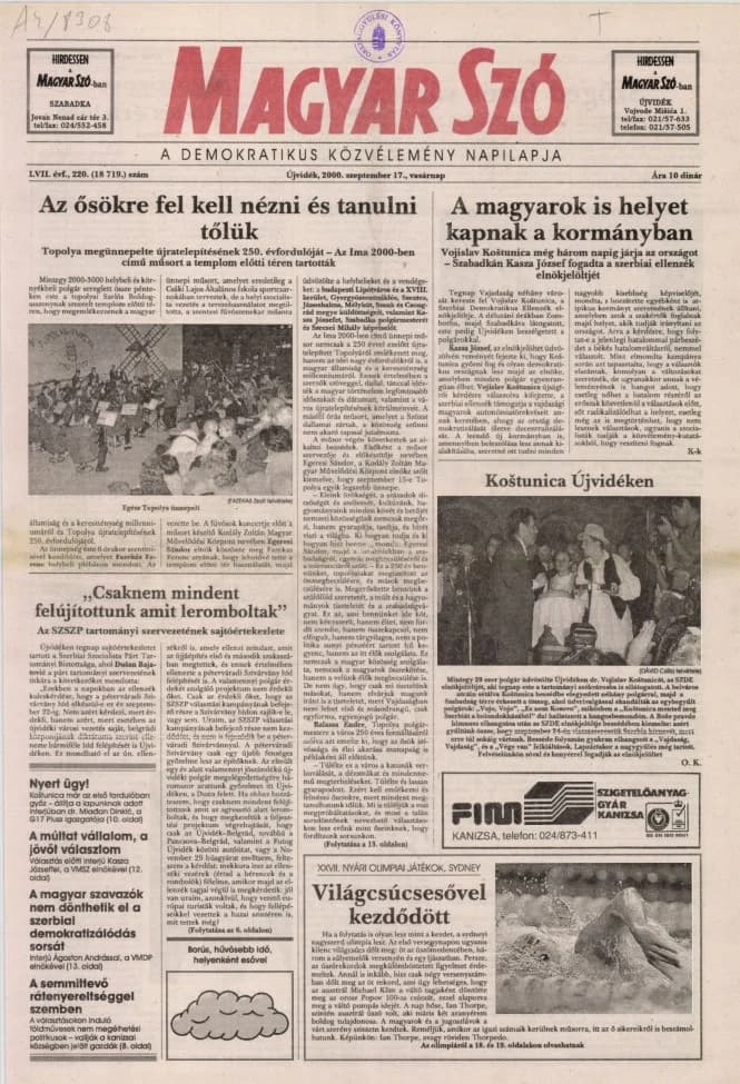 Magyar Szó, 57. évf. 2000. szeptember 17. 220. sz. 1–32. oldal