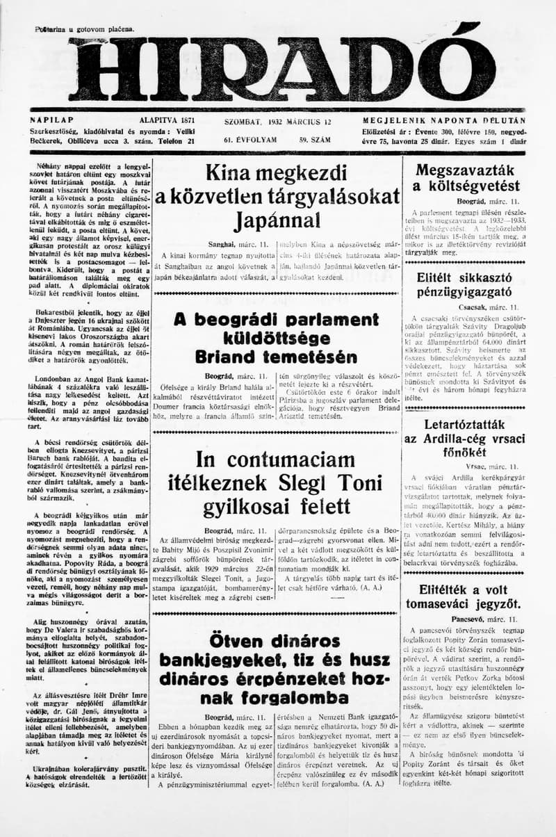 Híradó, 61. évf. 1932. március 12. 59. sz.