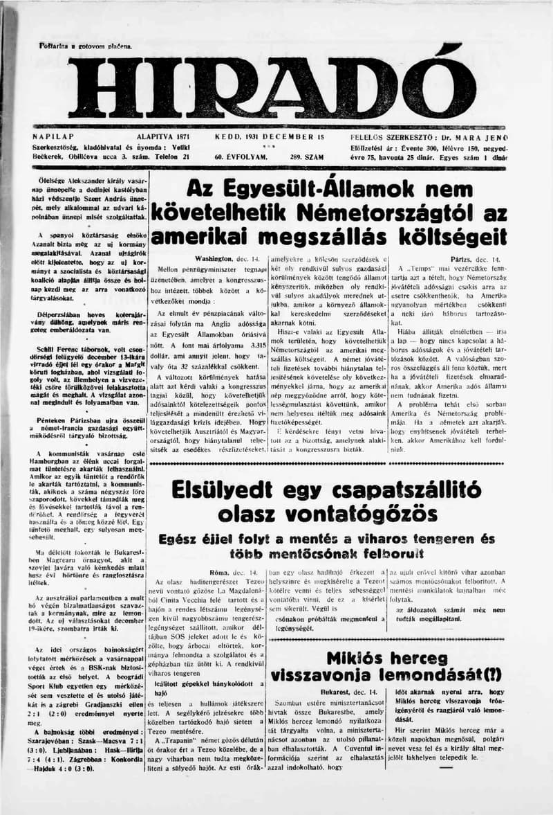 Híradó, 60. évf. 1931. december 15. 289. sz.