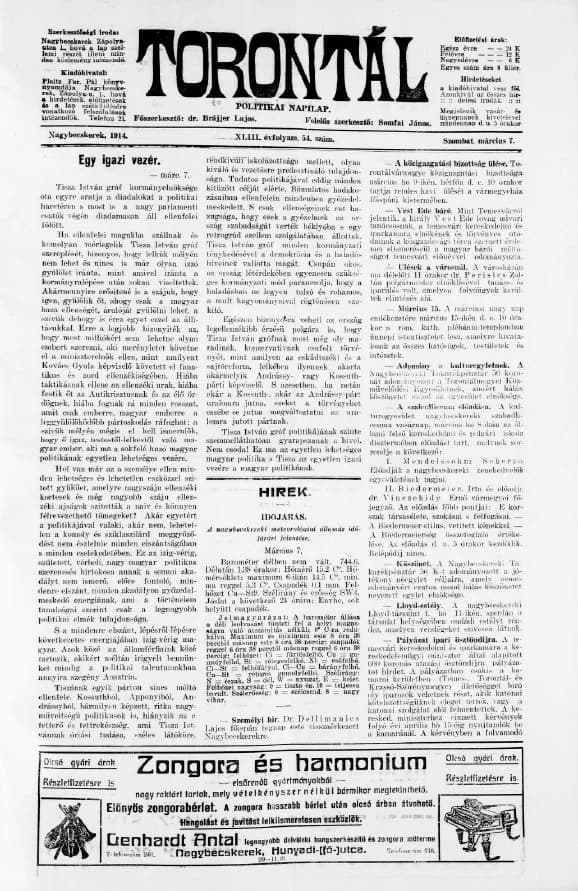 Torontál, 43. évf. 1914. március 7. 54. sz.