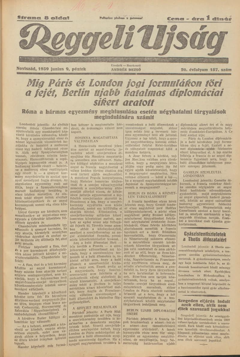 Reggeli Újság, 20. évf. 1939. június 9. 157. sz.