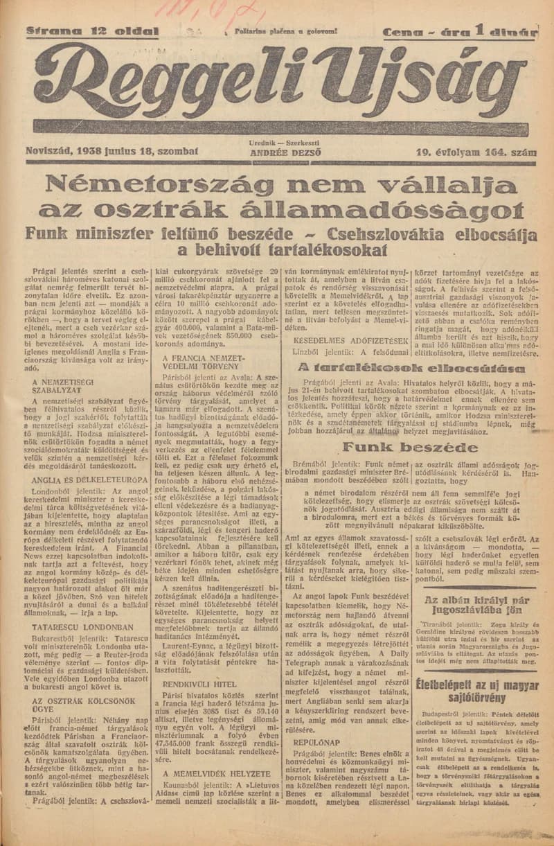 Reggeli Újság, 19. évf. 1938. június 18. 164. sz.