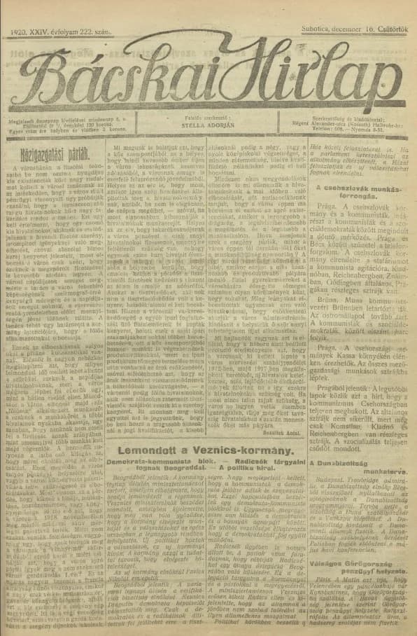 Bácskai Hirlap, 24. évf. 1920. december 16. 222. sz.