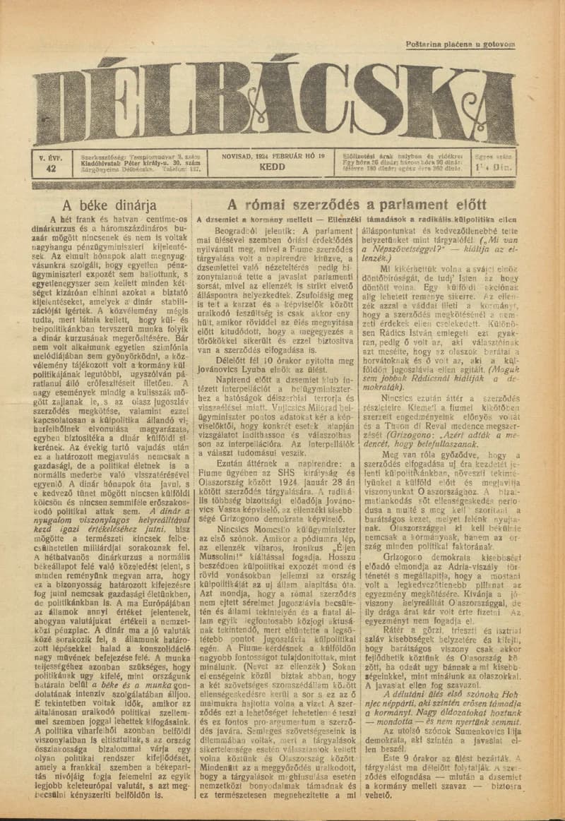 Délbácska, 5. évf. 1924. február 19. 42. sz.