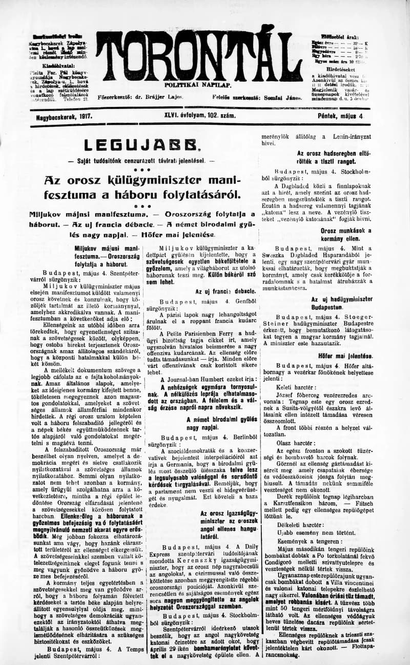 Torontál, 46. évf. 1917. május 4. 102. sz.