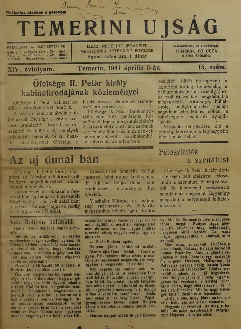 Temerini Újság 1928-1944, 14. évf. 1941. április 6. 15. sz.