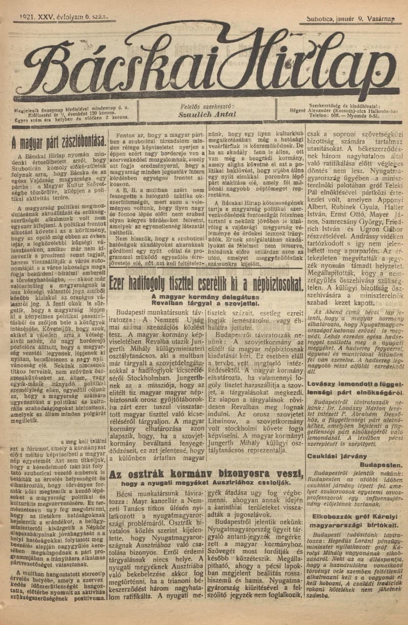 Bácskai Hirlap, 25. évf. 1921. január 9. 6. sz.