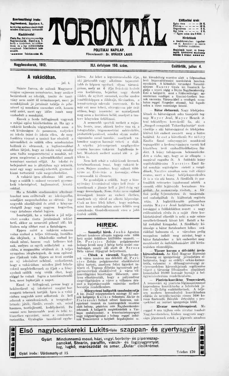 Torontál, 41. évf. 1912. július 4. 150. sz.