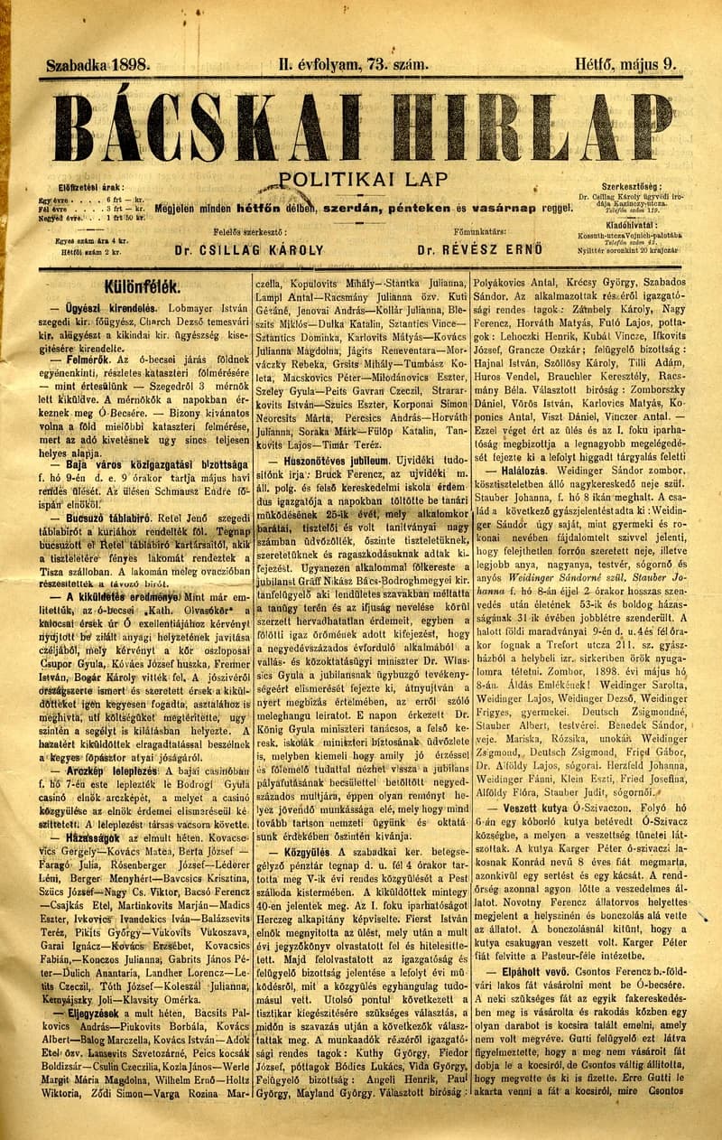 Bácskai Hirlap, 2. évf. 1898. május 9. 73. sz. 1–2. oldal