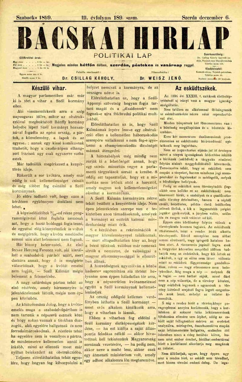 Bácskai Hirlap, 3. évf. 1899. december 6. 189. sz.