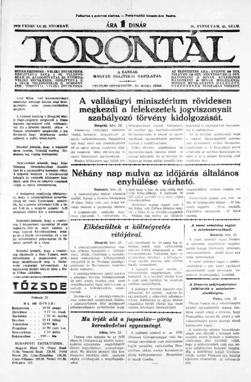 Torontál, 58. évf. 1929. február 23. 45. sz.