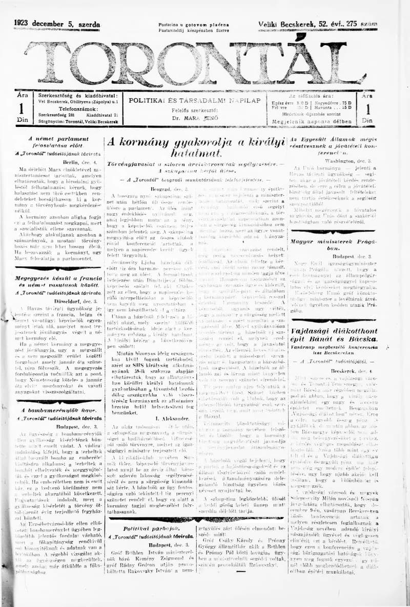Torontál, 52. évf. 1923. december 5. 275. sz.