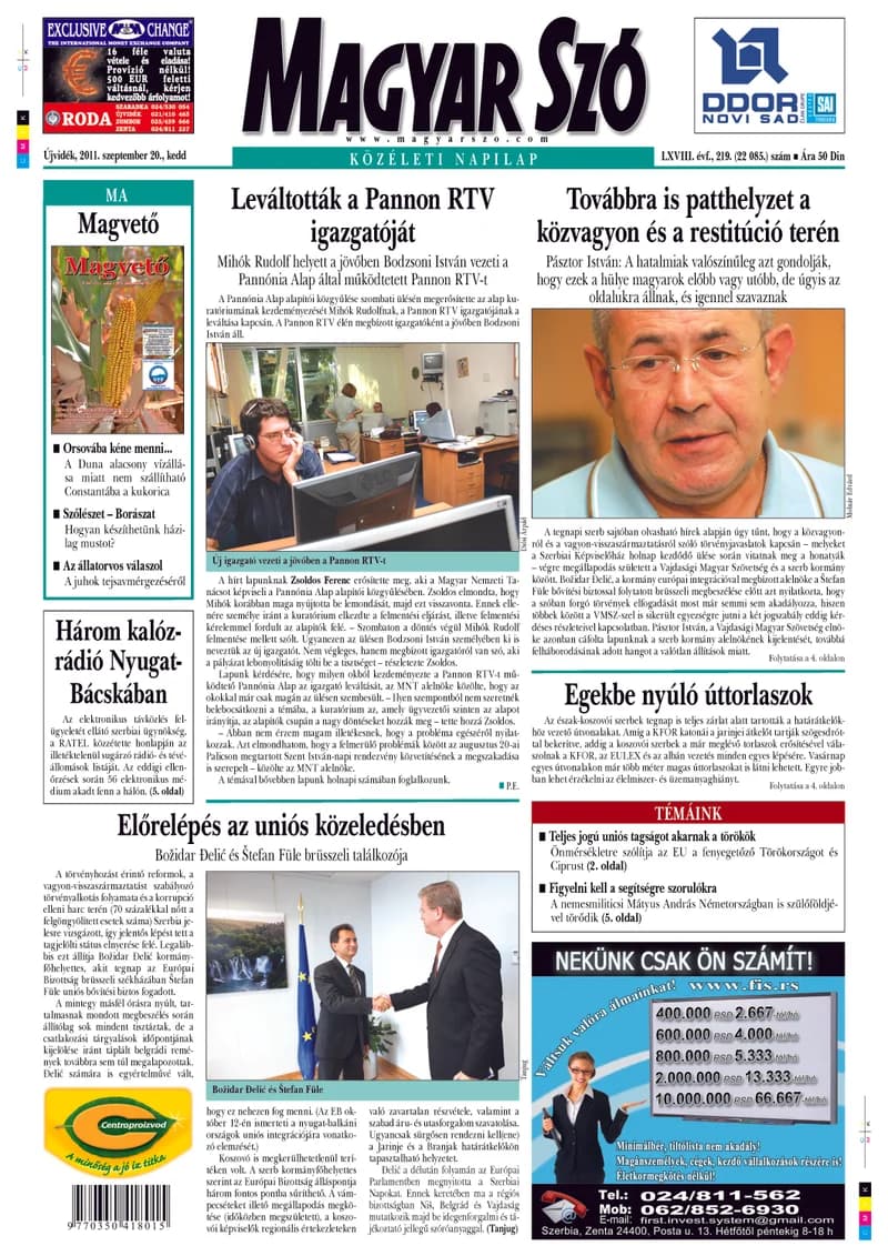 Magyar Szó, 68. évf. 2011. szeptember 20. 219. sz. 1–20. oldal