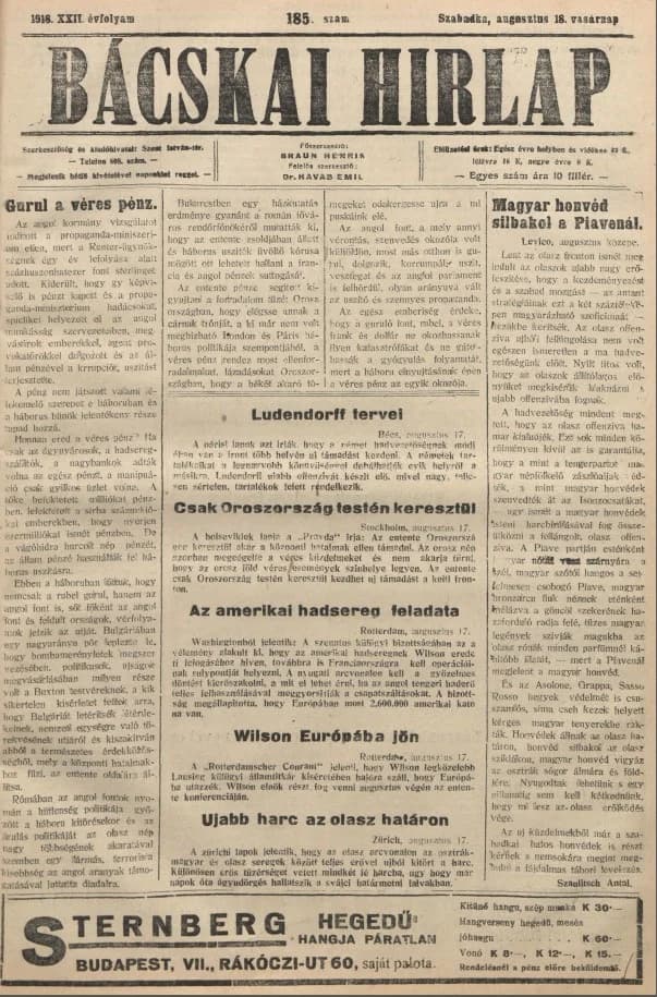 Bácskai Hirlap, 22. évf. 1918. augusztus 18. 185. sz.