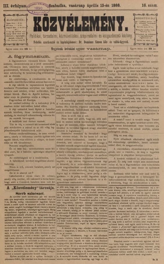 Közvélemény, 3. évf. 1888. április 15. 16. sz.