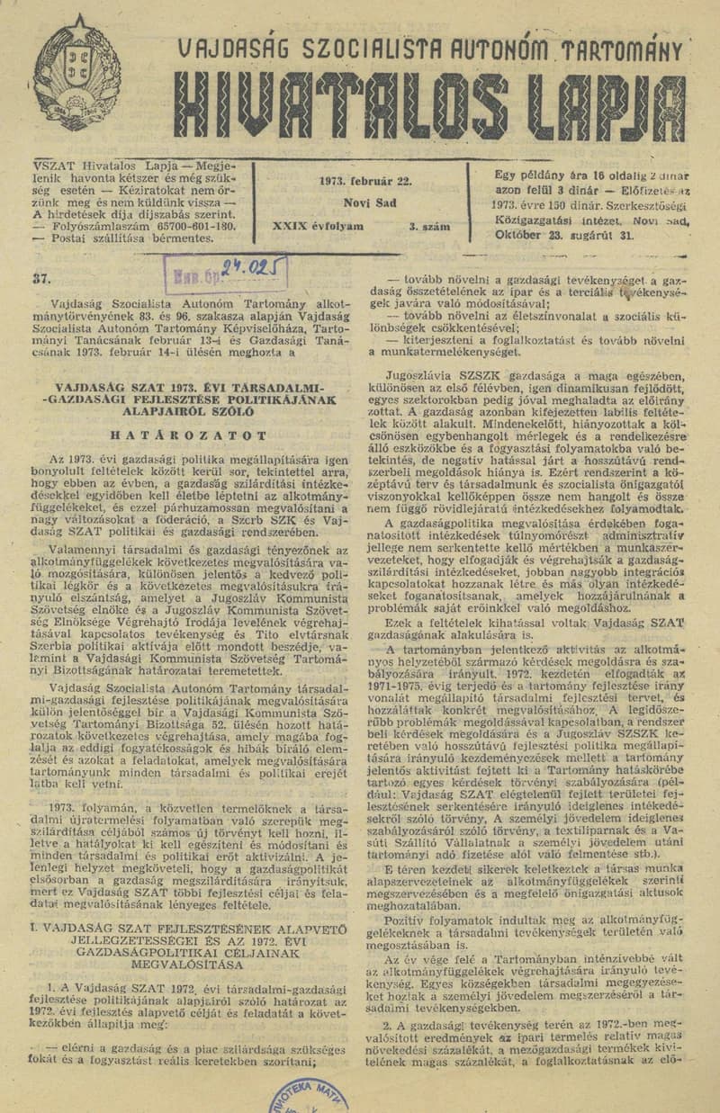 Vajdaság Szocialista Autonóm Tartomány Hivatalos Lapja, 29. évf. 1973. február 22. 3. sz. 25–36. oldal