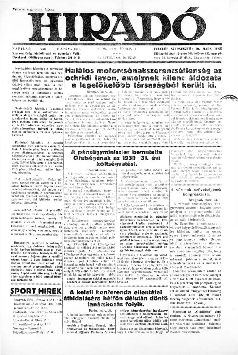 Híradó, 59. évf. 1930. április 1. 76. sz.