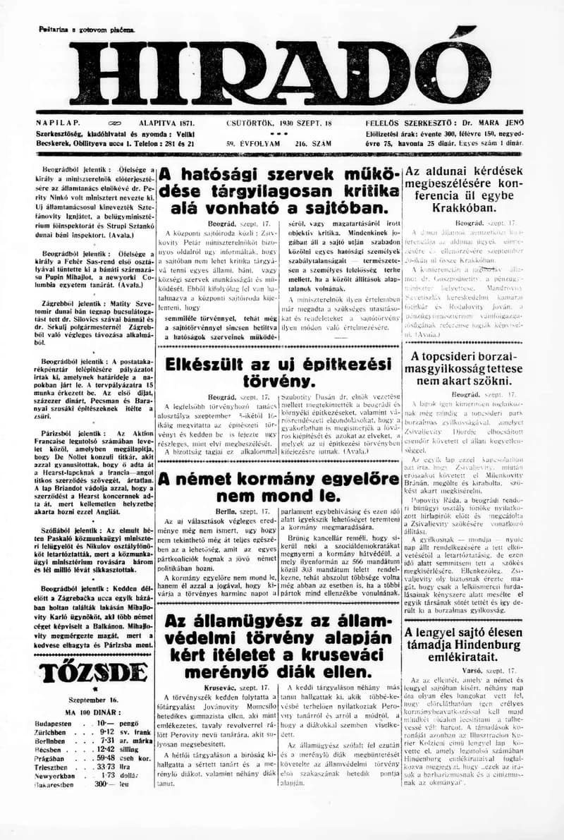 Híradó, 59. évf. 1930. szeptember 18. 216. sz.